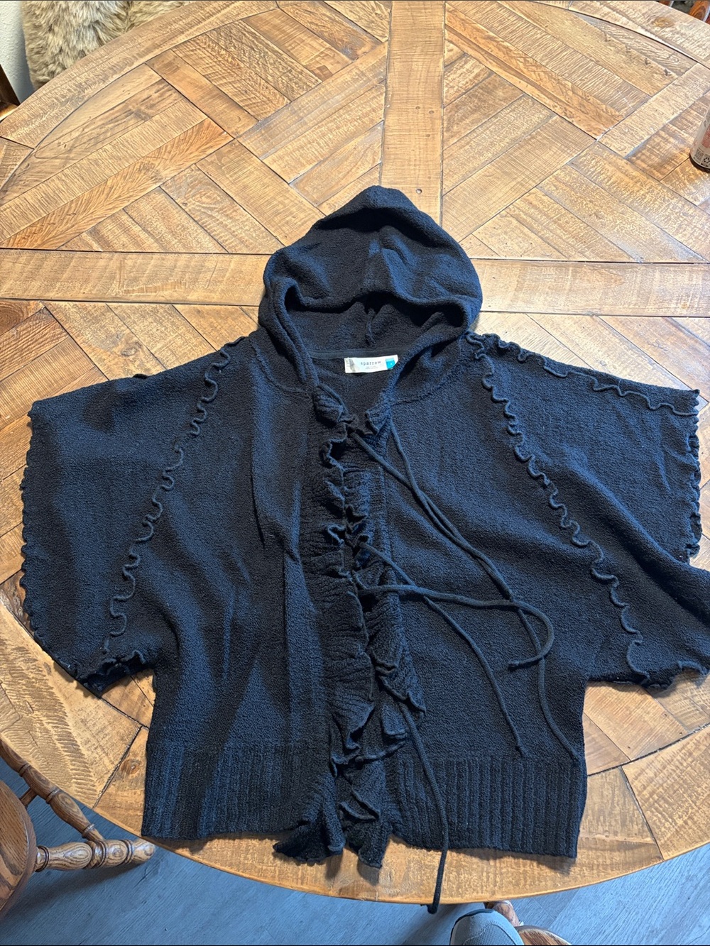 sparrow Black Hooded Ruffle Shrug with Tie-Front